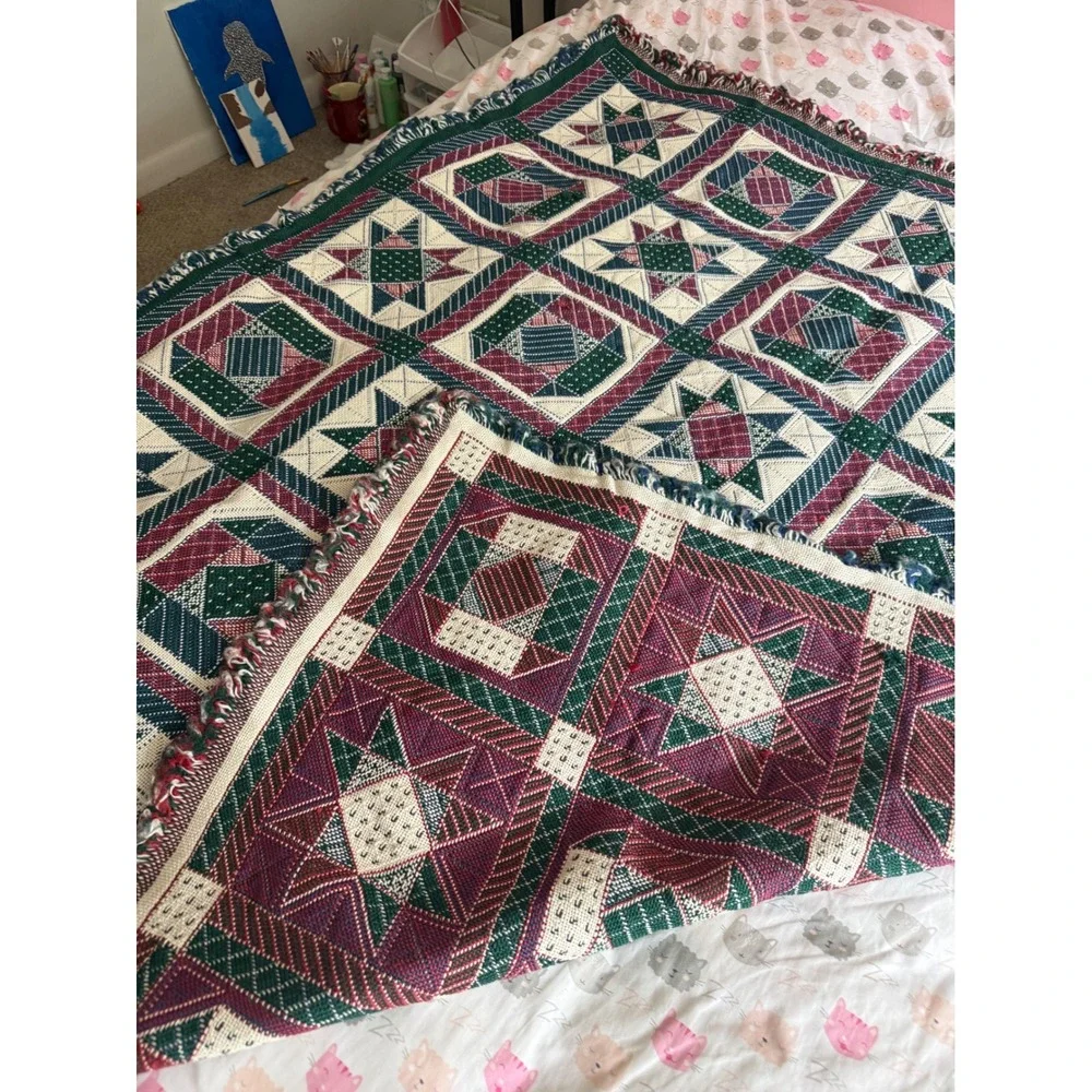 Vintage Woven Tapestry Throw Blanket Cottagecore